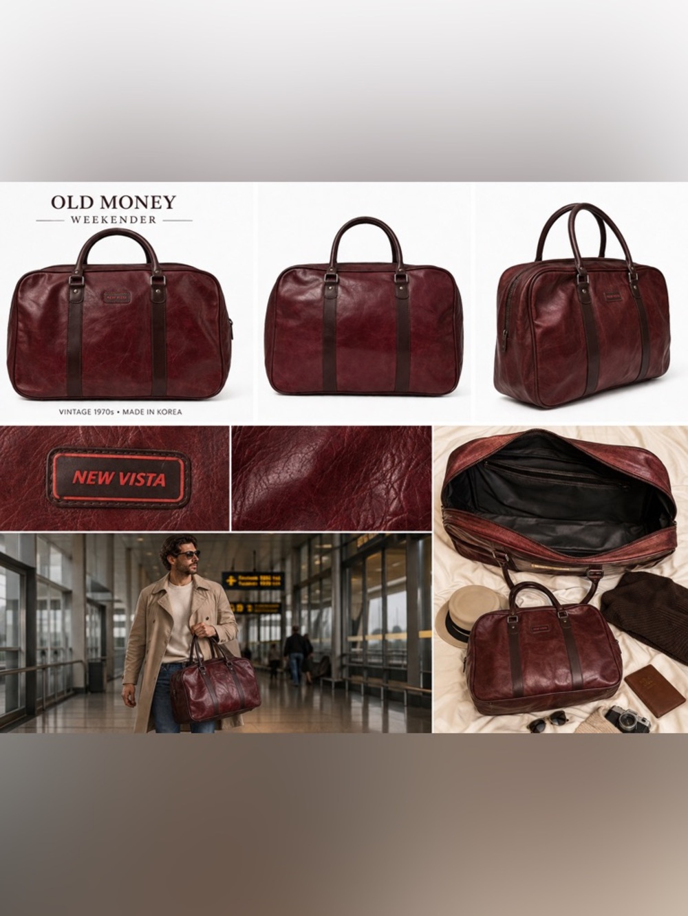Vintage New Vista Travel Bag 70s Burgundy Leather CarryOn Weekend Retro Luggage